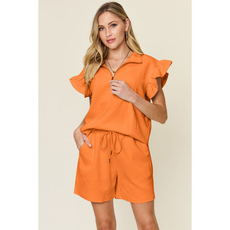 Texture Flounce Sleeve Top and Drawstring Shorts Set