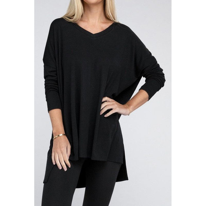 Dolman Long Sleeve V-Neck Side Slit Hi-Low Hem Top