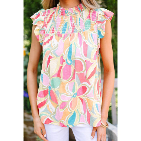 Ruffled Printed Mock Neck Cap Sleeve Blouse