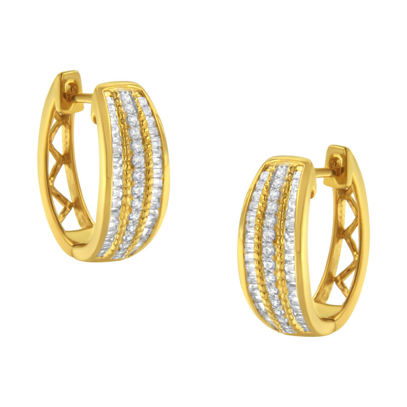 Bids.com 10K Yellow Gold 3/4 Cttw Pave and Channel Set Diamond Triple Row Modern Hoop Earrings (I-J Color, I2-I3 Clarity) Earrings
