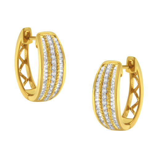 Bids.com 10K Yellow Gold 3/4 Cttw Pave and Channel Set Diamond Triple Row Modern Hoop Earrings (I-J Color, I2-I3 Clarity) Earrings