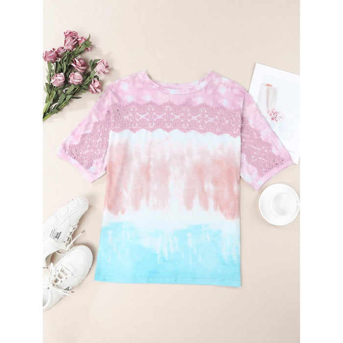 Tie-Dye Lace Trim Round Neck Top