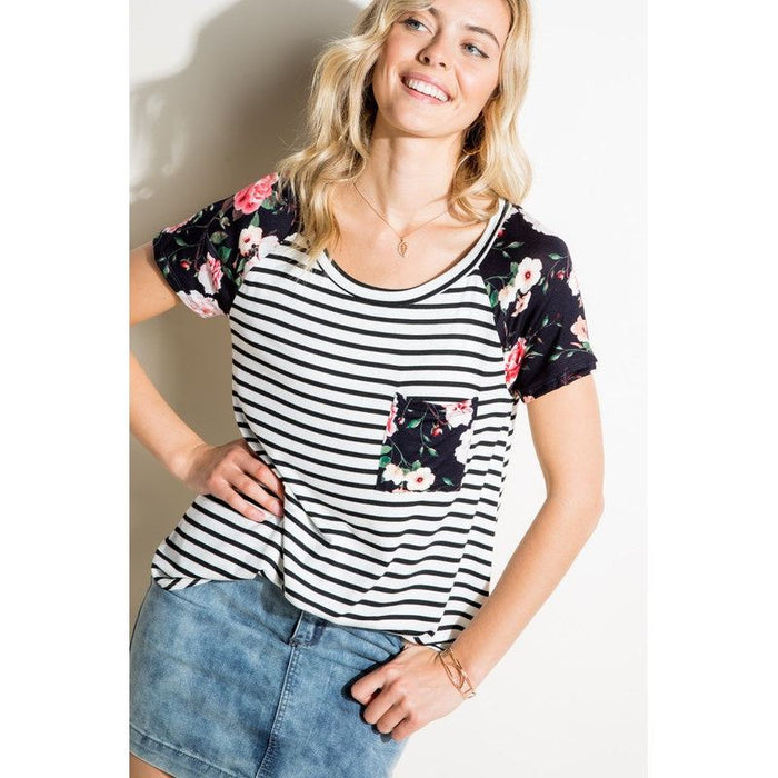 STRIPE FLORAL MIX SHORT SLEEVE TOP