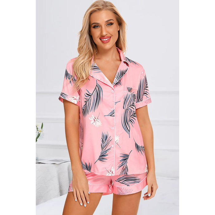 Printed Button Up Short Sleeve Top and Shorts Lounge Set