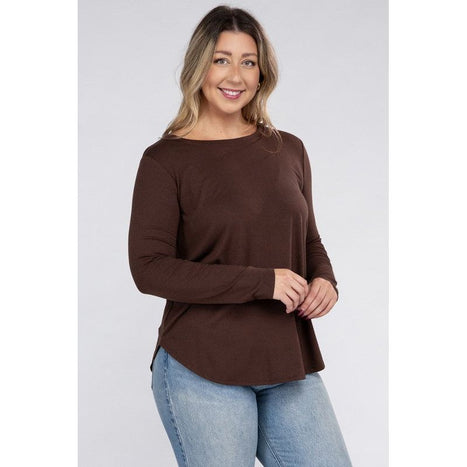 Plus Long Sleeve Round Neck Round Hem Top