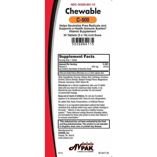 AvKare AvKare Vitamin C-500 Chewable Tablets Immune System Health Support 500 Mg Vitamins & Supplements