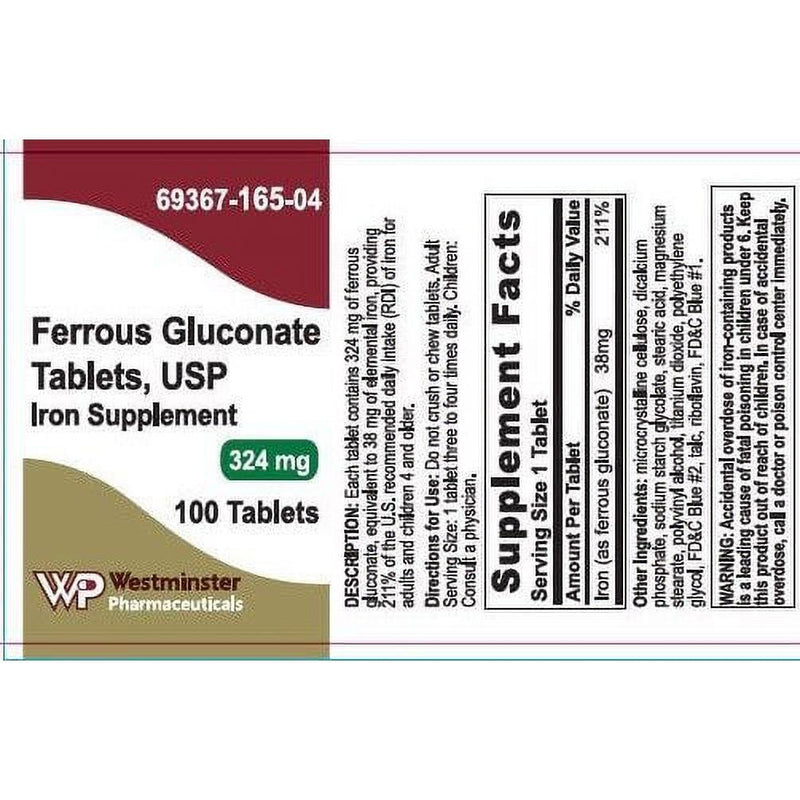 Westminster Pharma Westminster Pharma Ferrous Gluconate 324mg USP Tablets 100ct Vitamins & Supplements White Smoke