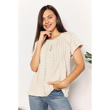 Double Take Crochet Buttoned Short Sleeves Top