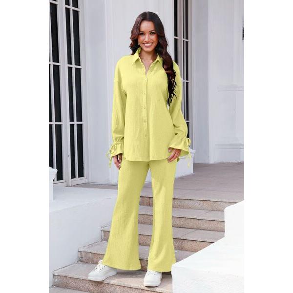 Drawstring Flounce Sleeve Shirt and Pants Set