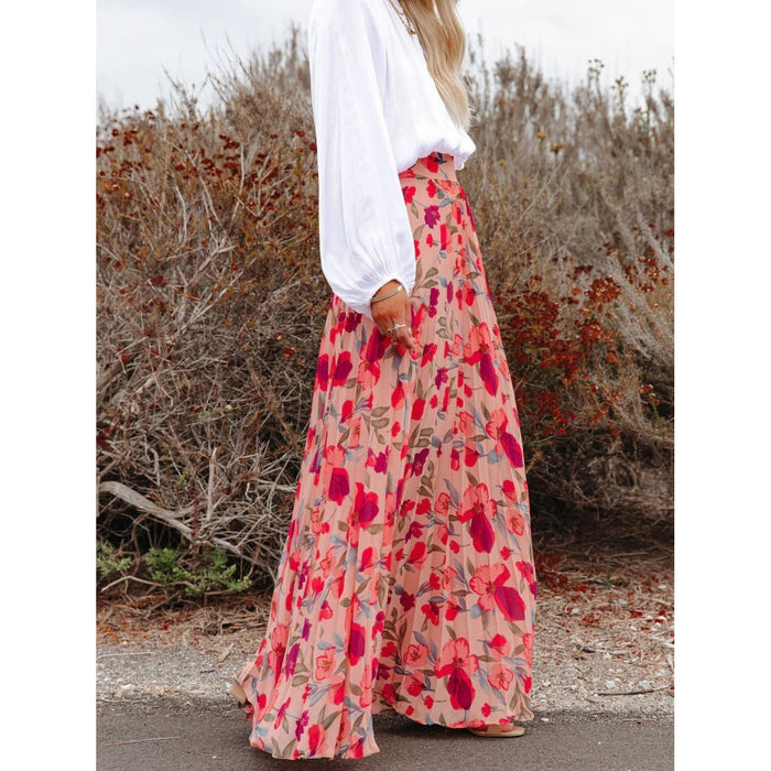 Printed Elastic Waist Pleated Maxi Skirt