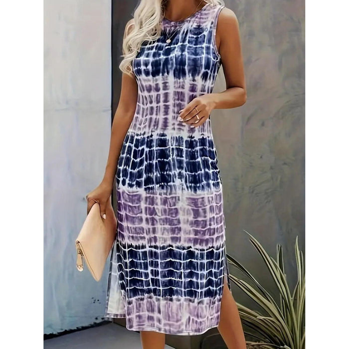 Slit Printed Round Neck Sleeveless Dress