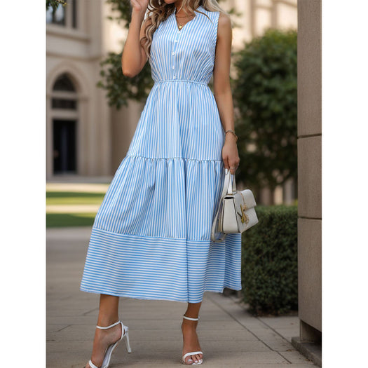 Striped Notched Sleeveless Midi Dress