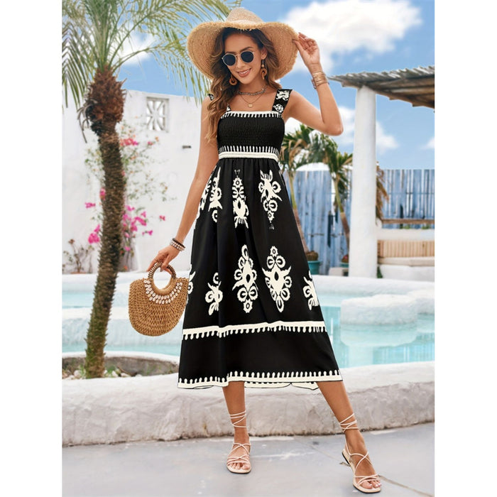 Printed Square Neck Wide Strap Midi Dress