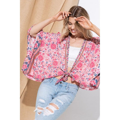 Light Woven Squared Open Kimono Cardigan With Tie