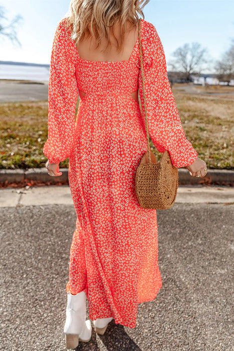 Printed V-Neck Long Sleeve Midi Dress