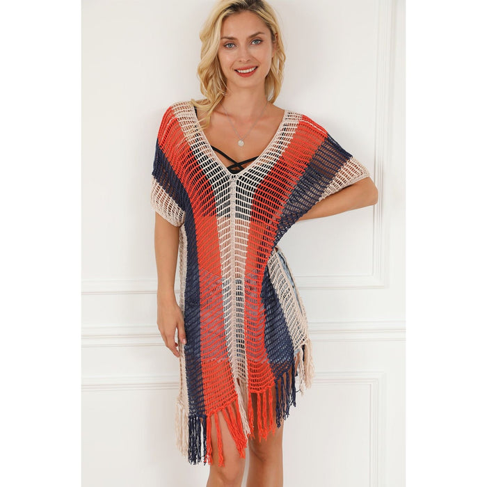 Tassel Color Block V-Neck Cover Up