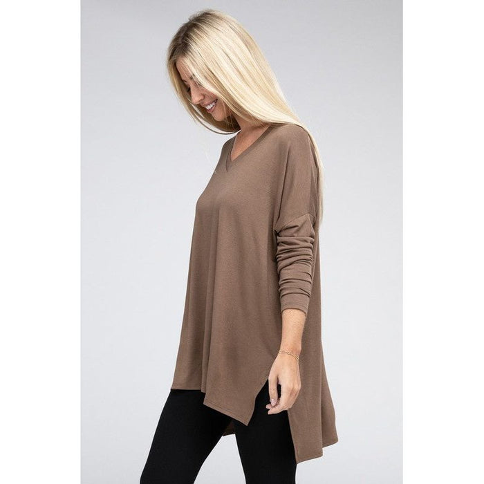 Dolman Long Sleeve V-Neck Side Slit Hi-Low Hem Top