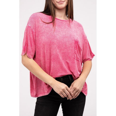 Washed Ribbed Cuffed Short Sleeve Round Neck Top