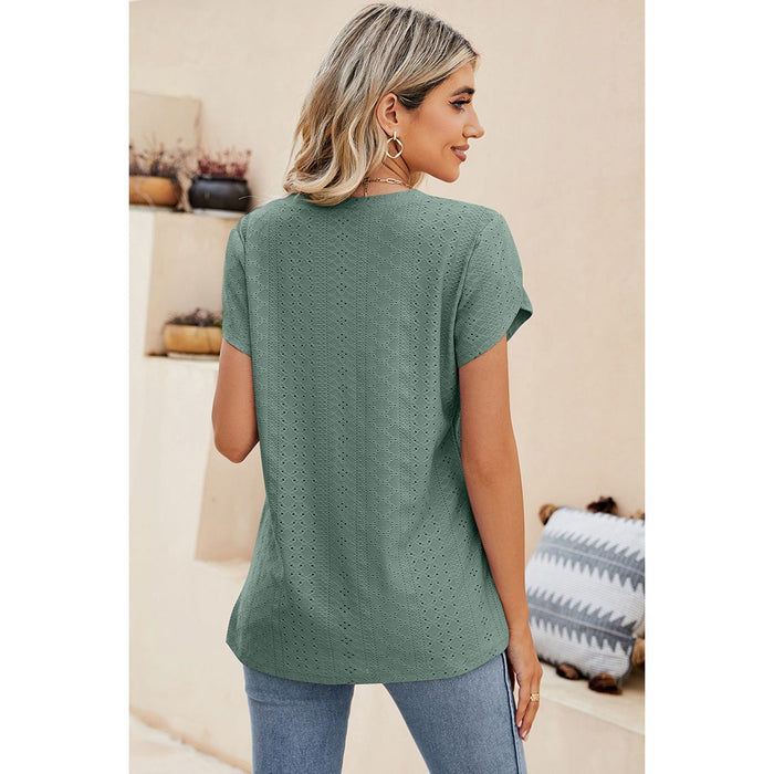 Eyelet V-Neck Petal Sleeve T-Shirt