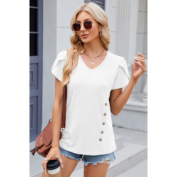 Decorative Button V-Neck Short Sleeve T-Shirt