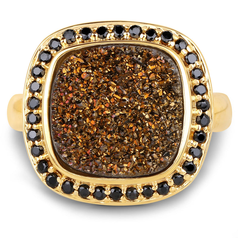 Bids.com 14K Yellow Gold Plated 6.19 Carat Genuine Drusy Quartz and Black Spinel .925 Sterling Silver Ring Rings