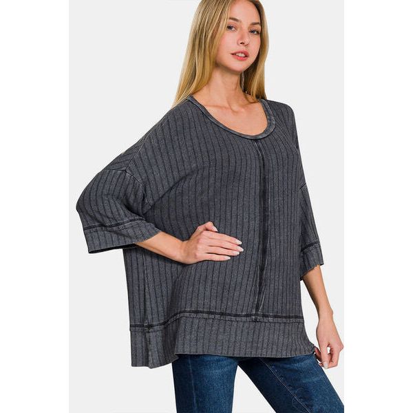 Zenana Washed Ribbed Drop Shoulder Half Sleeve Top