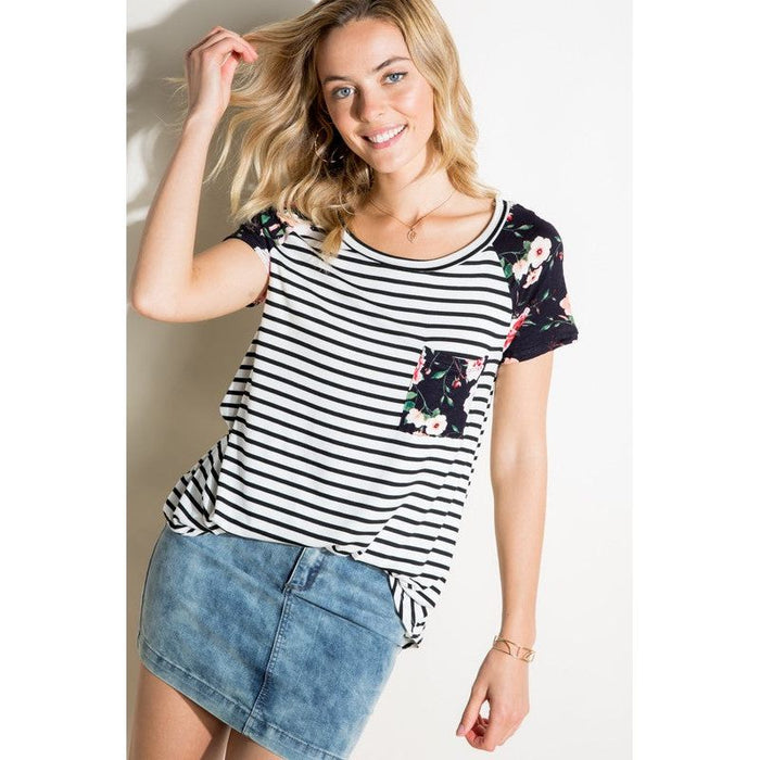 STRIPE FLORAL MIX SHORT SLEEVE TOP