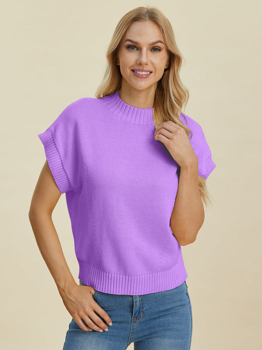 Full Size Mock Neck Short Sleeve Sweater