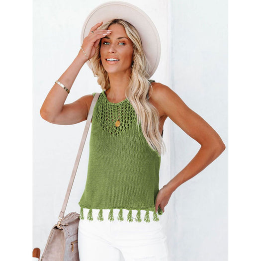 Cutout Tassel Round Neck Tank