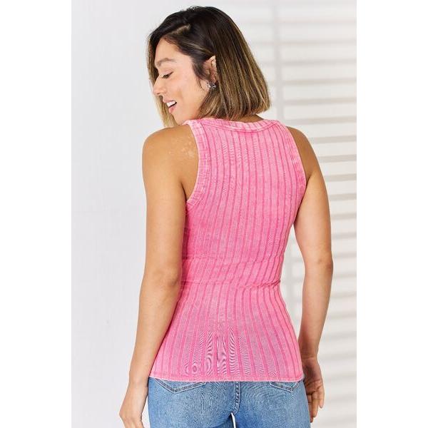 Ribbed Washed Round Neck Tank in Fuchsia