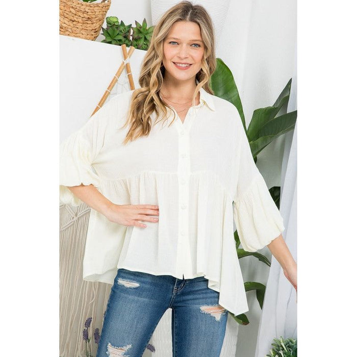 Plus Solid Button Down Blouse