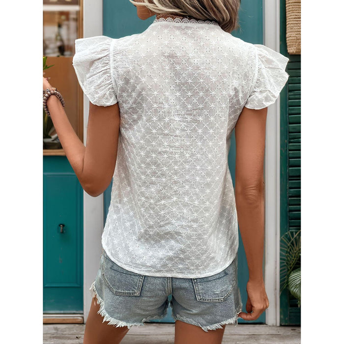 Lace Detail Eyelet Ruffle Cap Sleeve Blouse