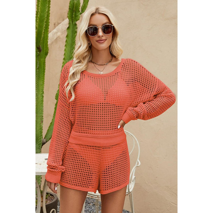 Openwork Round Neck Top and Shorts Swim Set