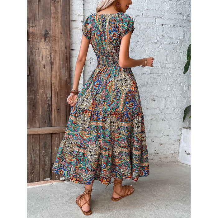 Smocked Printed Cap Sleeve Midi Dress