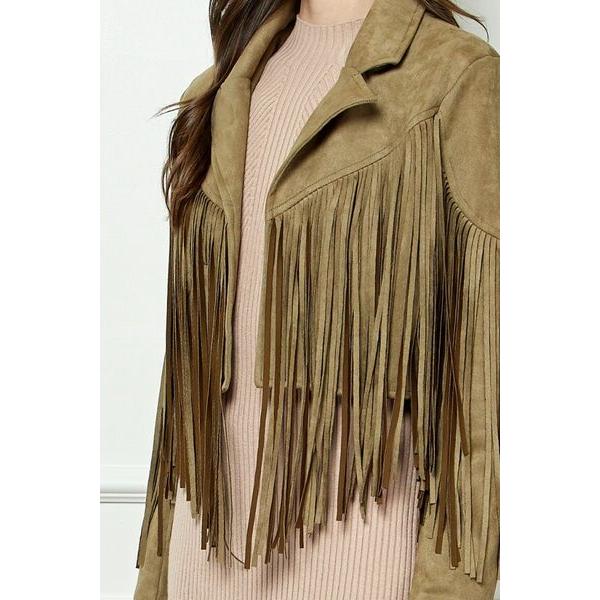 Veveret Suede Fringe Long Sleeve Moto Jacket