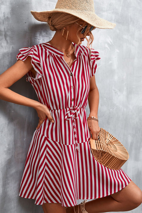 Ruffled Striped Cap Sleeve Mini Dress in Deep Red