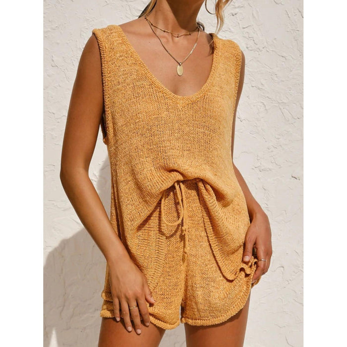 V-Neck Sleeveless Top and Drawstring Shorts Sweater Set