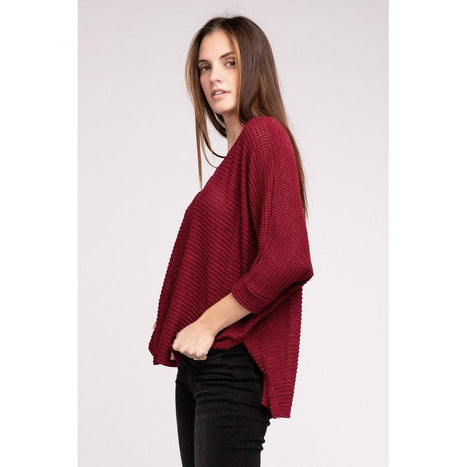 3/4 Sleeve V-Neck Hi-Low Hem Jacquard Sweater