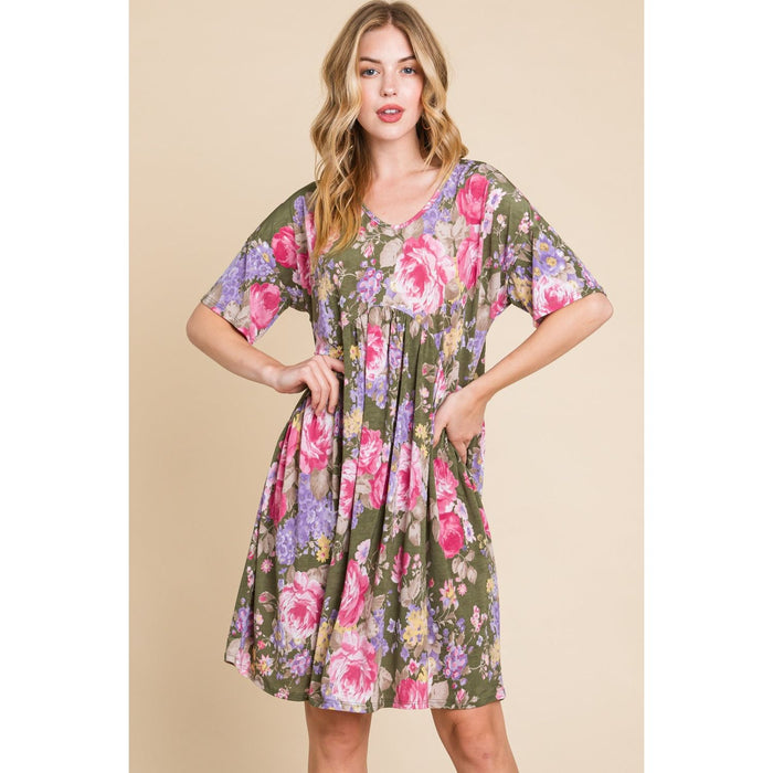 BOMBOM Flower Print V-Neck Ruched Dress