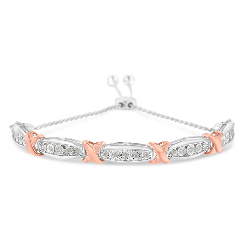 Bids.com .925 Sterling Silver 1/4 Cttw Round-Cut Diamond X & Tapered Bar Miracle-Set Bolo Bracelet (I-J Color, I3 Clarity) - Two Tone Rose Gold & Silver Bracelets