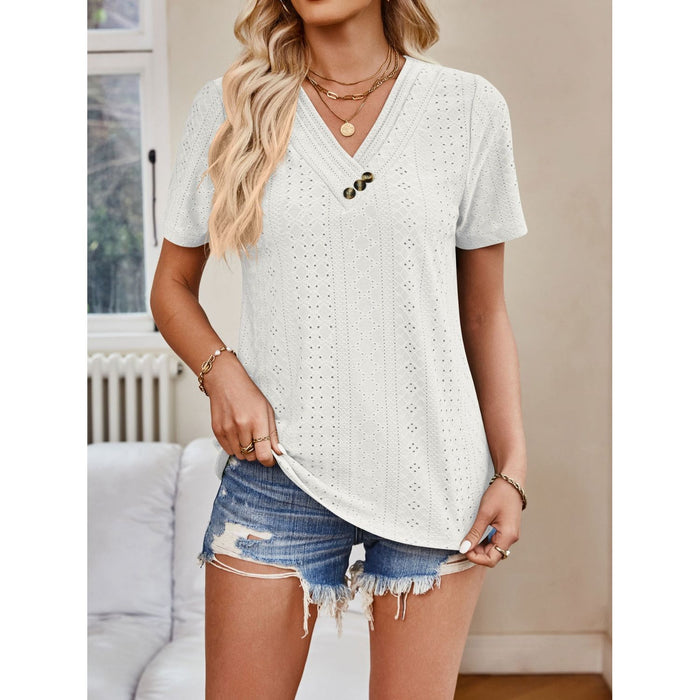 Eyelet V-Neck Short Sleeve Top