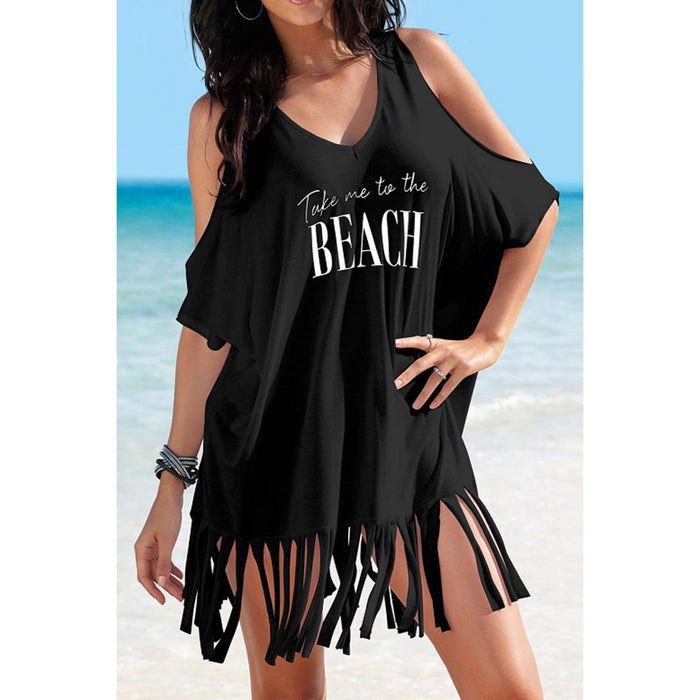 Fringe V-Neck Cold Shoulder Cover Up