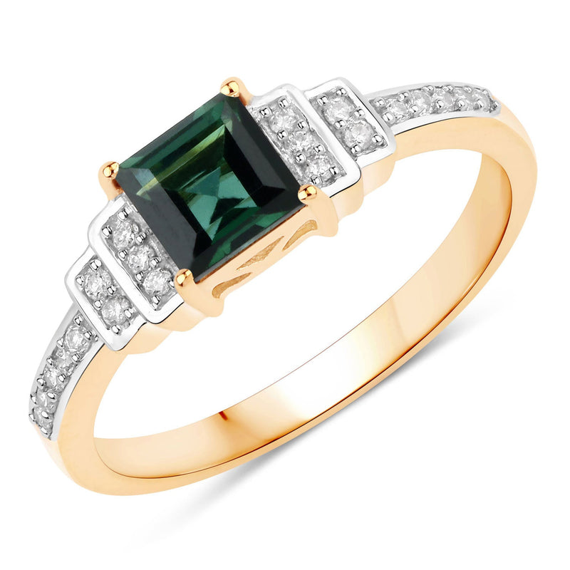 Bids.com 0.72 Carat Genuine Green Tourmaline and White Diamond 14K Yellow Gold Ring Rings