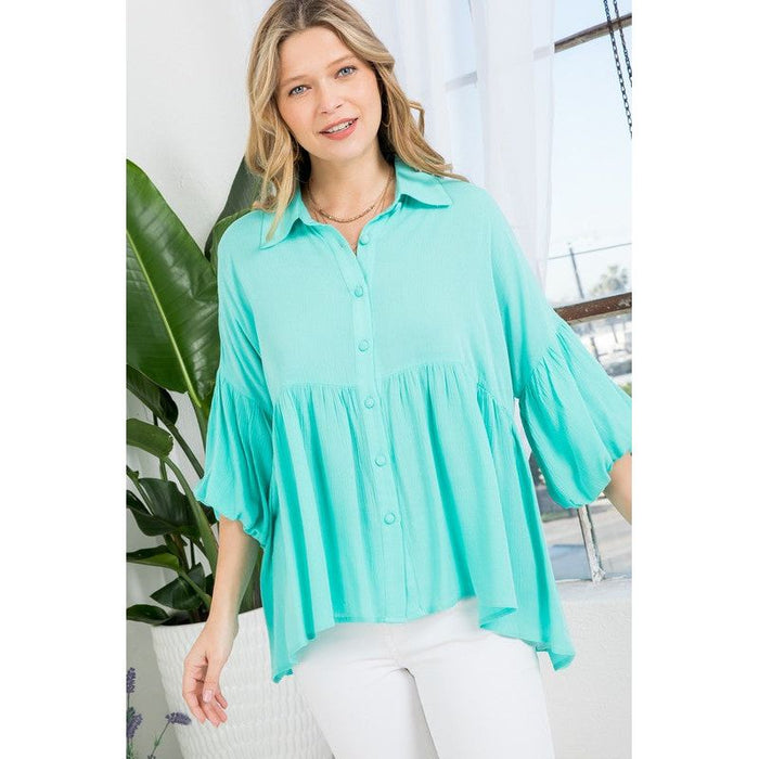 Plus Solid Button Down Blouse