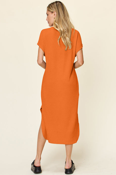 Double Take Round Neck Short Sleeve Slit Dress