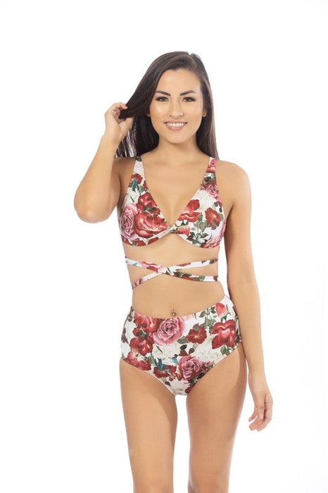 Red Floral Print Wrap Around Bralette Bikini Set