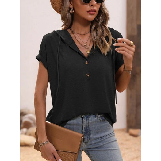 Half Button Hooded Short Sleeve Blouse