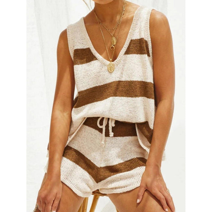 V-Neck Sleeveless Top and Drawstring Shorts Sweater Set