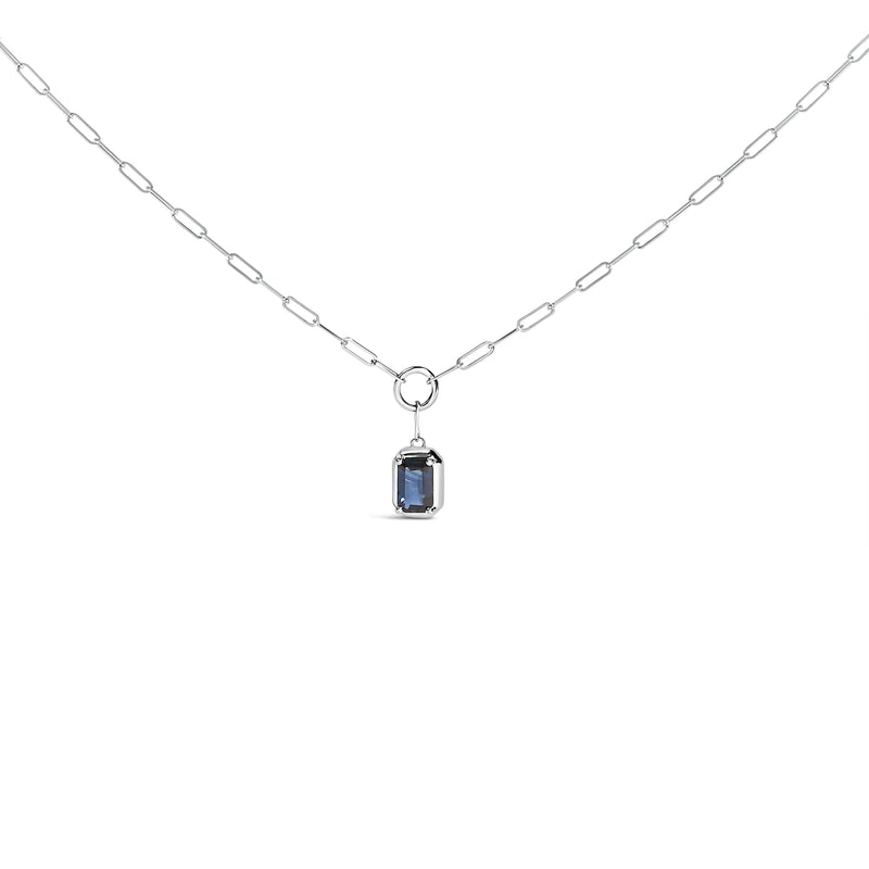 Bids.com 10K White Gold Emerald Cut 6x4 MM Blue Sapphire Solitaire Pendant Necklace - 18 inch Necklaces