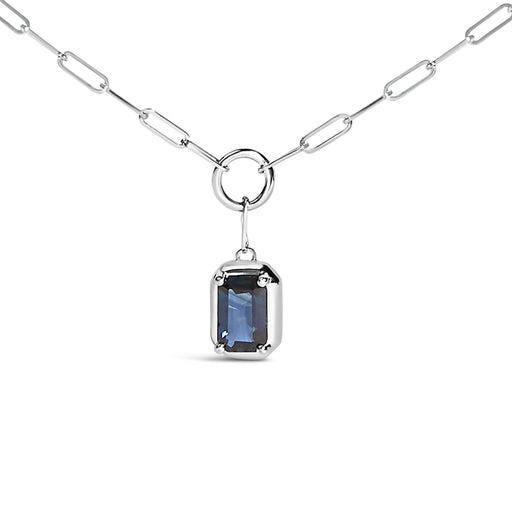 Bids.com 10K White Gold Emerald Cut 6x4 MM Blue Sapphire Solitaire Pendant Necklace - 18 inch Necklaces